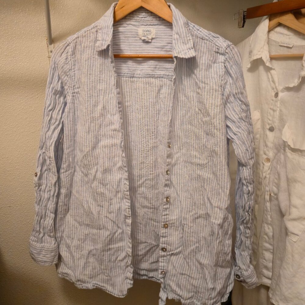 Sigrid olsen blue and white striped linen button down